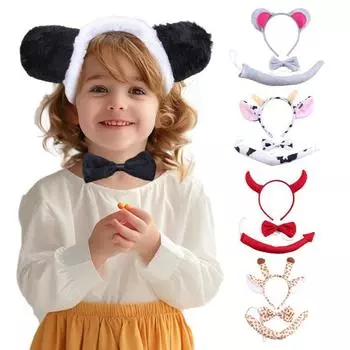 Костюм животного с ушками, повязкой на голову, хвостом, галстуком-бабочкой, набор для малышей и детей, регулируемый плюшевый костюм животного для Хэллоуина, косплей-представление Cat