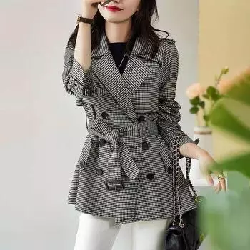 Костюмная куртка женская осенняя повседневная свободная талия с поясом для похудения двубортная куртка удобный костюм на осень S