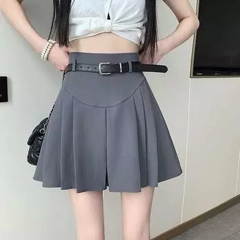 Костюмная юбка с высокой талией и поясом, женская летняя тонкая серая плиссированная юбка, маленькая и универсальная мини-короткая юбка А-силуэта S чёрный