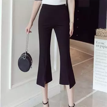 Костюмные брюки длиной до икры, женские свободные повседневные брюки, брюки-клеш с семью точками, тонкие драпированные брюки с высокой талией, микро-расклешенные брюки, универсальные S чёрный
