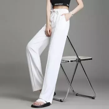Костюмные брюки с высокой талией. Женские летние прямые повседневные брюки. Свободные тонкие белые брюки с широкими штанинами. Тонкая часть брюк из ледяного шелка большого размера. XXXXXL белый