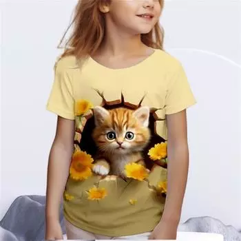 Костюмы для девочек Футболки с принтом 3D Cat, детская одежда с коротким рукавом, модный топ для детей от 2 до 12 лет, одежда для девочек 170