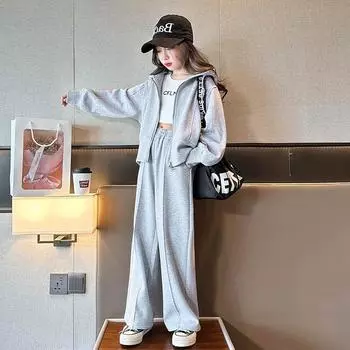 Костюмы для девочек на весну и осень, стиль вестерн, модные, повседневные свободные брюки для больших детей на осень, костюм-двойка 170 серый