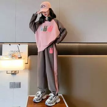 Костюмы для девочек Осенняя одежда Детские свитера в западном стиле Брюки Спортивные костюмы-двойки Модные весенне-осенние модели для девочек 170 бежевый