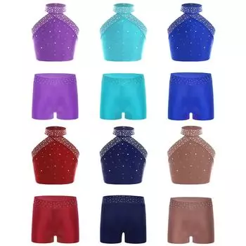 Костюмы для девочек по фигурному катанию, комплект из 2 предметов для гимнастики, балета, танцевального комплекта, жилет-халтер с шортами, спортивная одежда 5-6 Years