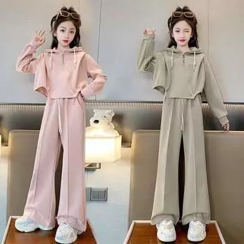 Костюмы для девочек Весенние и осенние свитера Прямые широкие брюки для девочек Детский осенний костюм-двойка 160 зелёный