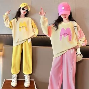 Костюмы для девочек Весенняя и осенняя одежда Детские повседневные спортивные штаны Свитера в стиле вестерн для больших детей Весенне-осенний корейский костюм-двойка 170 розовый