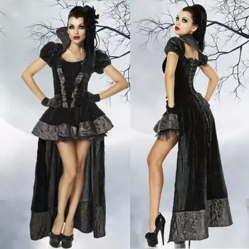Костюмы для косплея «Черная королева», воротник-стойка для взрослых, черный нарядное праздничное платье «парусник», женская одежда на Хэллоуин, королева ведьм, корона + топ + юбка + подол Free size