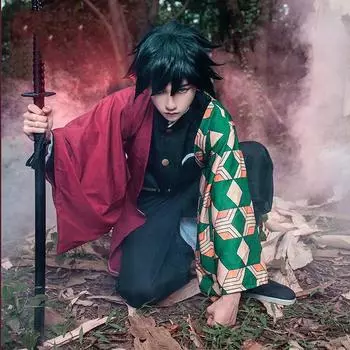 Костюмы для косплея для детей/взрослых, Demon Slayer Kimetsu no Yaiba, костюмы для девочек и мальчиков Tomioka Giyuu, карнавальный костюм, комплект кимоно для женщин и мужчин XS/150cm