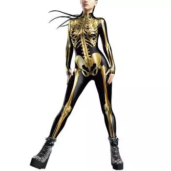 Костюмы для косплея на Хэллоуин для женщин с принтом скелета, длинные рукава, облегающие эластичные наряды, комбинезон S