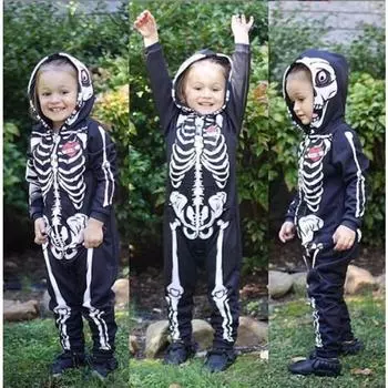 Костюмы для косплея скелета на Хэллоуин для новорожденных, комбинезон с капюшоном, новинка, страшный череп, 3D принт, готический боди для мальчиков 70(59-66cm height) бежевый