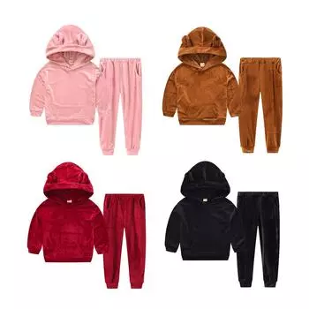 Костюмы для мальчиков и девочек на весну и осень, детская спортивная и досуговая одежда, золотой бархат, свитер с капюшоном и медвежьими ушками, детская одежда из двух частей 90cm
