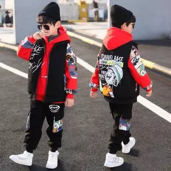 Костюмы для мальчиков осень-зима и зима плюс бархатный детский утепленный комплект из трех предметов свитер с капюшоном для мальчиков свитер с длинными рукавами + жилет + брюки костюмы 170 красный