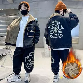 Костюмы для мальчиков осенне-зимние, детский костюм из утолщенного бархата и джинсовой ткани для мальчиков 170 серый