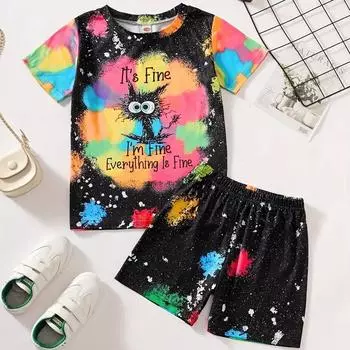 Костюмы для маленьких девочек, комплект из 2 предметов, красочные звезды, футболка с короткими рукавами и графикой «I’m Fine», комплект эластичных шорт, детская одежда 100