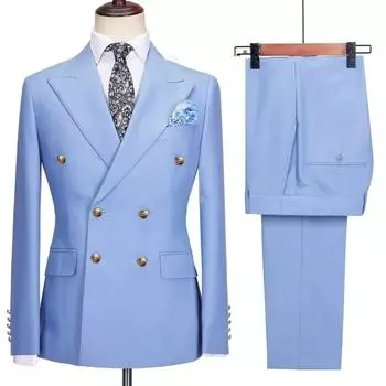 Костюмы для мужчин, комплект из 2 предметов, свадебные, роскошные, пиджаки, брюки, элегантные, блейзеры, воротник-стойка, вечерние, классические, полный, без аксессуаров S небесно-голубой