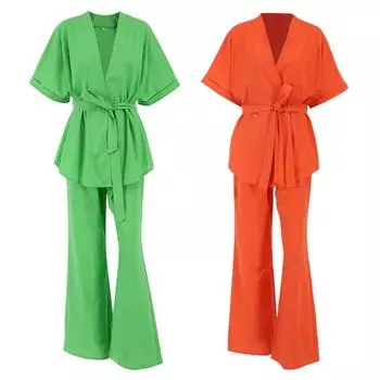 Костюмы из 2 предметов, женские хлопковые брючные костюмы для отдыха, повседневные рубашки с короткими рукавами и широкие брюки, летние наряды L