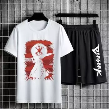 Костюмы из двух предметов в стиле аниме «Берсерк», черный спортивный костюм, повседневный комплект, рубашка из 100% хлопка с короткими рукавами, летние шорты на шнурке, пятые брюки L