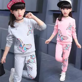 Костюмы с бабочками для девочек с круглым вырезом, повседневный комплект из свитера и брюк с длинными рукавами 110 серый