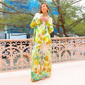 Костюмы с брюками и принтом, женские повседневные свободные рубашки со шнуровкой и вырезами, комплект из 2 предметов для поездок на работу и обратно, летний комплект из 2 предметов S зелёный