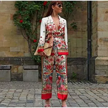 Костюмы с цветочным принтом и брюками для женщин, ретро-блейзеры с цветочным принтом, офисные женские пиджаки со шнуровкой, пальто и свободные брюки S