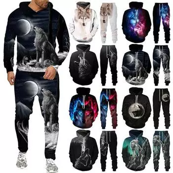 Костюмы с капюшоном с 3d принтом волка, осенне-зимние комплекты с рисунком животных для мужчин и женщин, винтажный спортивный костюм, толстовка унисекс + брюки, комплект из двух предметов S