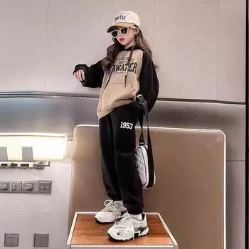 Костюмы-свитера с капюшоном для девочек, детская одежда, большие дети, девочки, свободный западный стиль, корейская весенняя и осенняя одежда 120 бежевый