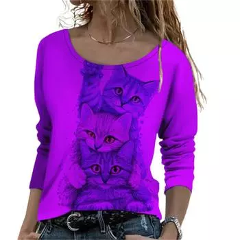 Кот с мультяшным принтом, круглый вырез с длинными рукавами, осенний популярный женский топ для свиданий, повседневный стиль, топ XS-8XL S