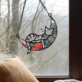 Кот, спящий на Луне, подвесное украшение, настенное окно в гостиной, витражное стекло, мультяшный котенок, ловец солнца, красочный акриловый орнамент, подвеска C (Large + Medium)