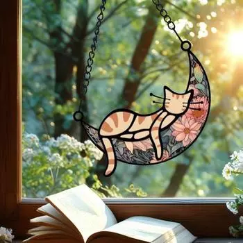 Кот, спящий на Луне, подвесное украшение, настенное окно в гостиной, витражное стекло, мультяшный котенок, ловец солнца, красочный акриловый орнамент, подвеска A (Medium + Small)