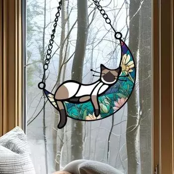 Кот, спящий на Луне, подвесное украшение, настенное окно в гостиной, витражное стекло, мультяшный котенок, ловец солнца, красочный акриловый орнамент, подвеска A (Medium + Small)