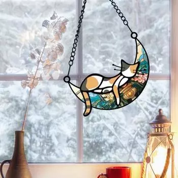 Кот, спящий на Луне, подвесное украшение, настенное окно в гостиной, витражное стекло, мультяшный котенок, ловец солнца, красочный акриловый орнамент, подвеска C (Medium + Small)