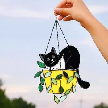 Кот в цветочном горшке, подвесное украшение для дома, офиса, в помещении, на открытом воздухе, настенное искусство, акриловое витражное стекло, горшок с котенком, подвесной орнамент, рождественский подарок Large белый