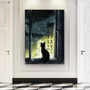 Кот в Париже акварельная живопись холст печать настенный художественный постер город ждет животное картина для гостиной домашний декор Cuadros 21x30cm No Framed