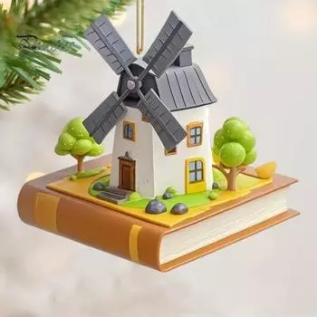 Коттеджи Ветряная мельница Рождественское украшение Акрил 2D Плоский подвесной орнамент Деревенский дом Книга Рождественская елка Украшение для домашнего декора зелёный