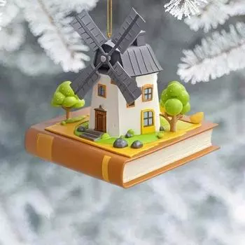 Коттеджи Ветряная мельница Рождественское украшение Акрил 2D Плоский подвесной орнамент Деревенский дом Книга Рождественская елка Украшение для домашнего декора зелёный
