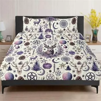 Коттеджкор Зимний Олень Лес 3 Предмета Постельного Белья, Сосна Рождественский Декор Спальни, Фиолетовый Праздничный Набор Пододеяльник Наволочки EU Single 135x200cm