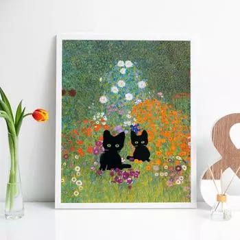 Коттеджный сад Густав Климт Кот Арт Печать Настенная картина на холсте Vinatge Абстракция Черный кот Плакат Скандинавский домашний декор Картины 21x30cm No Framed