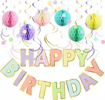 koundeneko Набор украшений на день рождения, красочные соты, шарики, спиральные украшения, украшения на день рождения, буквы, баннеры, гирлянды на день рождения, годовщина