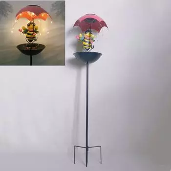 Кованое железо Пчела, Кормушка для птиц Зонтик, Сад на открытом патио, Солнечный светодиодный светильник Зонтик в виде животного с кормушкой для птиц One Size