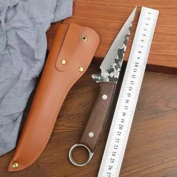 Кованый нож для обвалки из углеродистой стали, поварской нож для разделки мяса, кухонный нож для мяса с деревянной ручкой, ручной работы, нож для рыбалки и готовки с чехлом