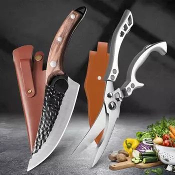 Кованый нож ручной работы, кухонный нож из нержавеющей стали, мясник, обвалочный нож для мяса, уличный охотничий походный нож, ножницы 2pcs коричневый