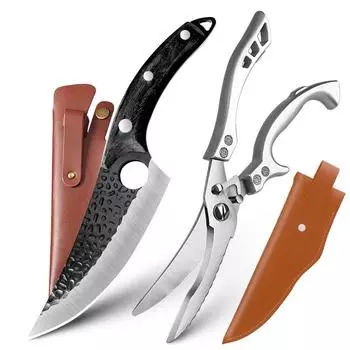 Кованый нож ручной работы, кухонный нож из нержавеющей стали, мясник, обвалочный нож для мяса, уличный охотничий походный нож, ножницы 2pcs коричневый