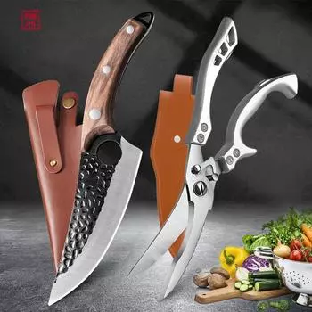 Кованый нож ручной работы, кухонный нож из нержавеющей стали, мясник, обвалочный нож для мяса, уличный охотничий походный нож, ножницы 2pcs коричневый