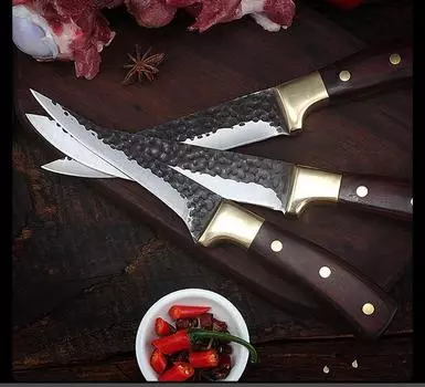 Кованый острый нож для мясника Нож для обвалки Нож для нарезки ломтиков с чехлом для ножа Набор ножей с деревянной ручкой 3pcs