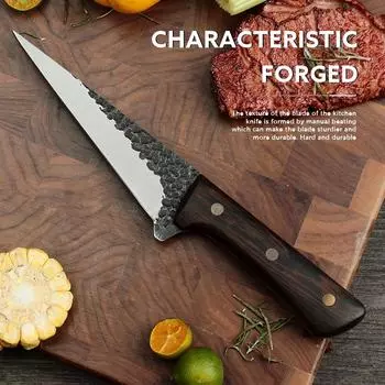 Кованый разделочный ножПрофессиональная разделка мяса и костейУдобная и гладкая ручка из цельного дереваНержавеющая сталь 5Cr15