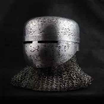 Кованый стальной средневековый черненый шлем великого рыцаря-крестоносца 18-го калибра с цепью W