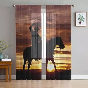 Ковбойская ферма, усадьба, закат, пейзаж, лошадь, тюлевые, прозрачные оконные шторы для гостиной, спальни, вуаль, занавески из органзы, шторы W135 x H115cm x1
