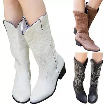 Ковбойская обувь в стиле вестерн, женские длинные сапоги с острым носком и низким каблуком, обувь до колена без шнуровки с вышивкой 36 чёрный