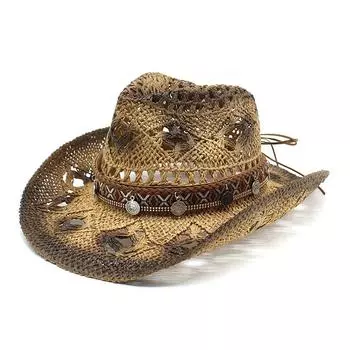 Ковбойская шляпа для мужчин и женщин, уличная, затеняющая, дышащая, полая, соломенная шляпа, модная, для отпуска, пляжная шляпа M56-58cm темный кофе